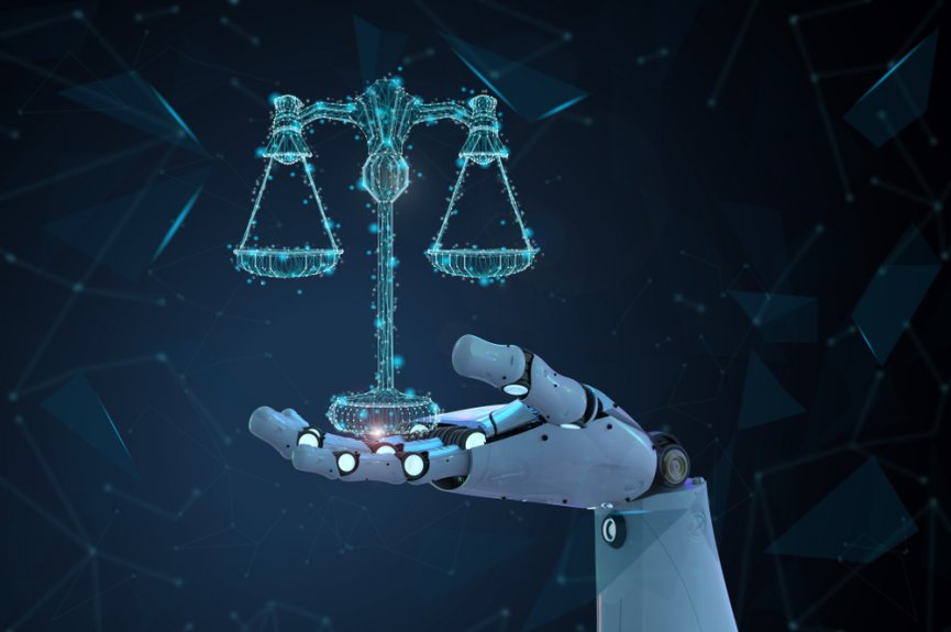 Main de robot tenant une balance symbolisant la loi